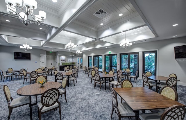 dining area with beamed ceiling, carpet flooring, crown molding, and coffered ceiling