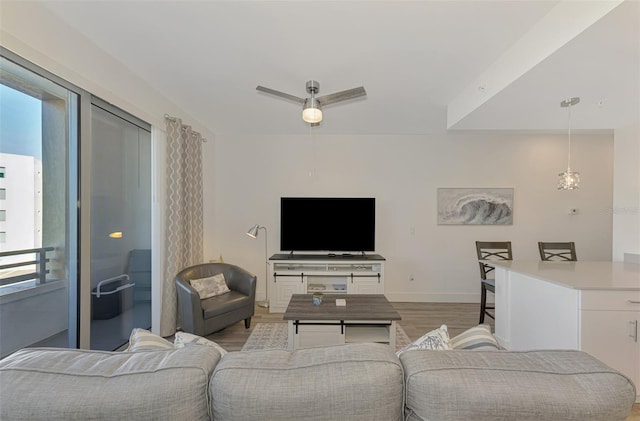 living room with light hardwood / wood-style flooring and ceiling fan