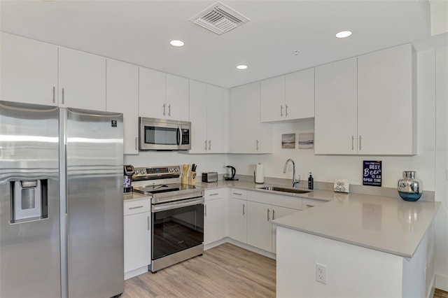 kitchen with kitchen peninsula, white cabinetry, sink, and appliances with stainless steel finishes