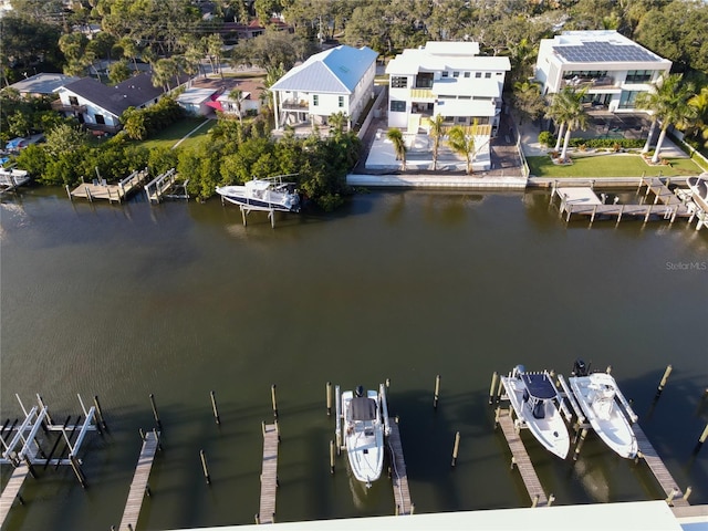 drone / aerial view with a water view