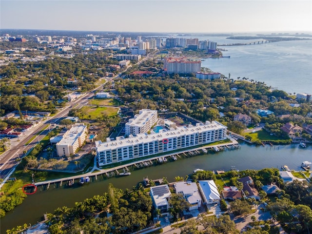 birds eye view of property featuring a water view