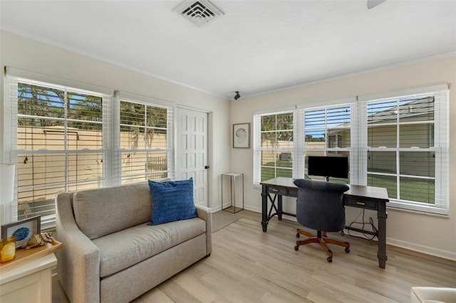 home office featuring light hardwood / wood-style floors and ornamental molding