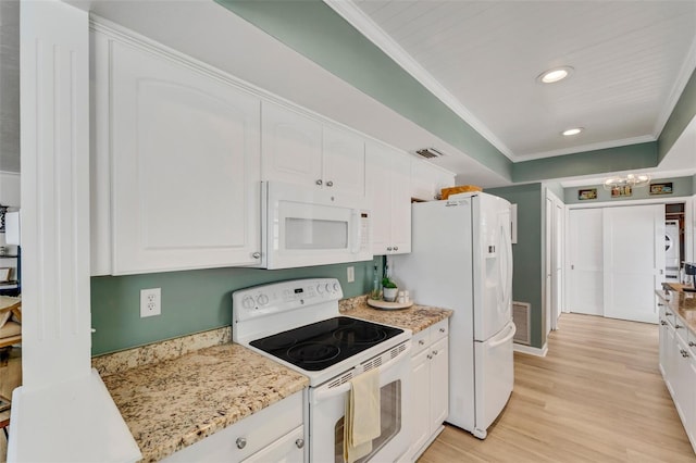 kitchen featuring white cabinetry, light stone countertops, white appliances, and light hardwood / wood-style flooring