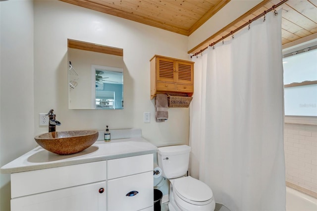 full bathroom featuring shower / tub combo, vanity, toilet, and wooden ceiling