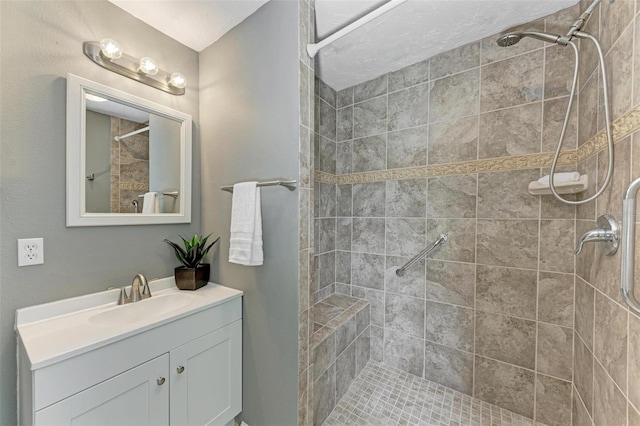 bathroom featuring vanity and tiled shower