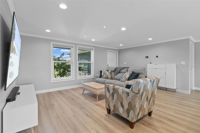 living room featuring crown molding and light wood-type flooring