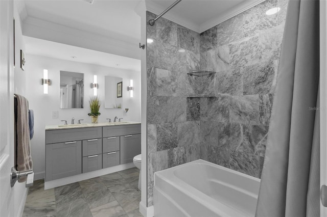 full bathroom featuring tiled shower / bath combo, vanity, toilet, and ornamental molding