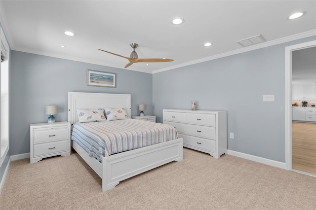 bedroom featuring ceiling fan, ornamental molding, and light carpet