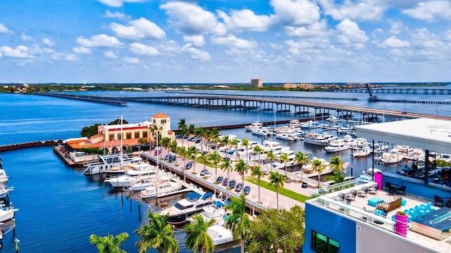 bird's eye view with a water view