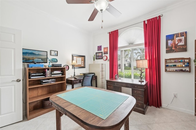 office area with ceiling fan, light tile patterned floors, and ornamental molding