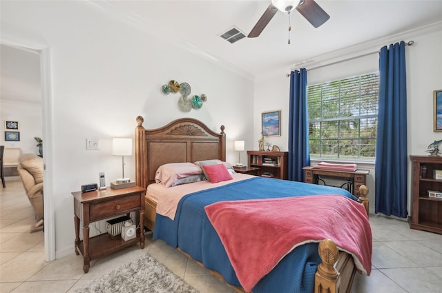 bedroom with light tile patterned floors, ceiling fan, and crown molding