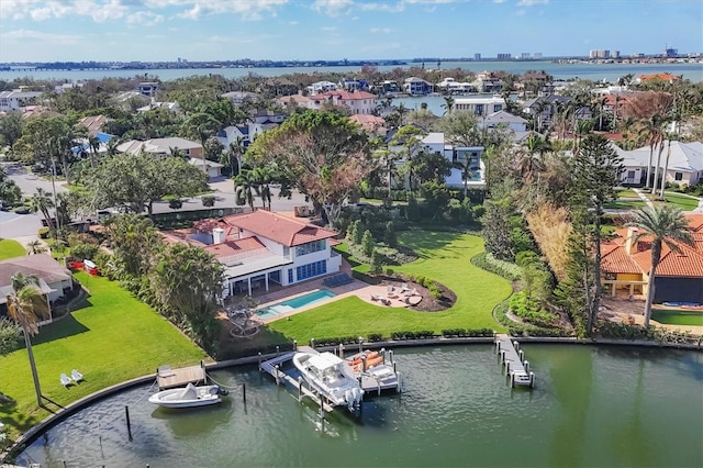 drone / aerial view featuring a water view