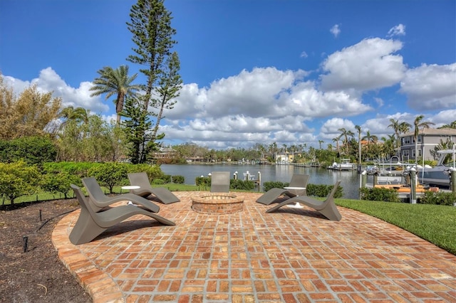 view of patio featuring a water view