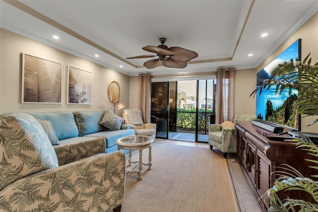 4119 61st Avenue Terrace W Unit 105, Bradenton, FL 34210 - living area featuring a raised ceiling, a ceiling fan, crown molding, light tile patterned floors, and recessed lighting