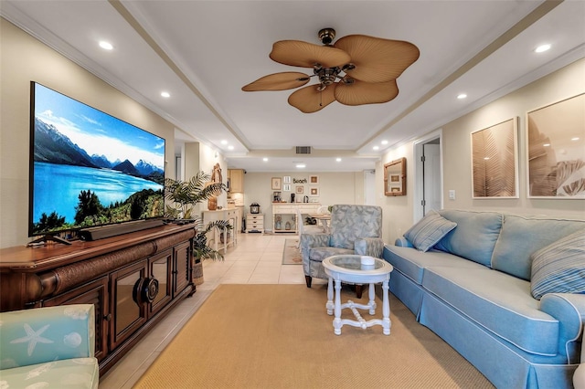 4119 61st Avenue Terrace W Unit 105, Bradenton, FL 34210 - living room featuring a tray ceiling, ceiling fan, recessed lighting, and light tile patterned flooring