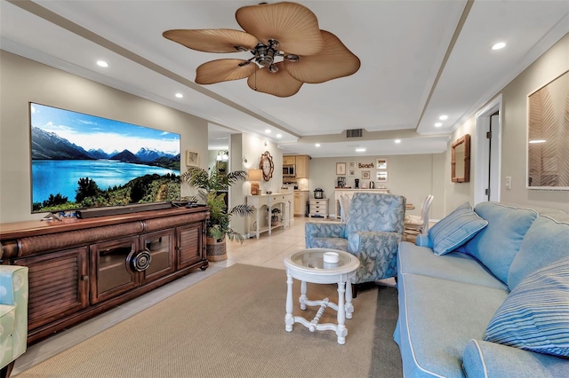 4119 61st Avenue Terrace W Unit 105, Bradenton, FL 34210 - living area featuring recessed lighting, a raised ceiling, light tile patterned floors, and ceiling fan