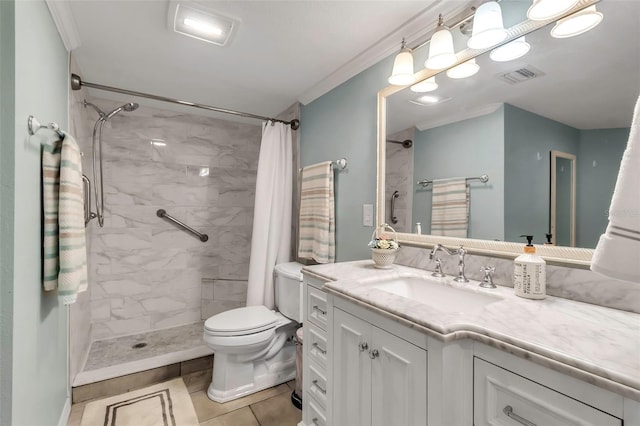 4119 61st Avenue Terrace W Unit 105, Bradenton, FL 34210 - full bathroom featuring toilet, vanity, a tile shower, crown molding, and tile patterned floors