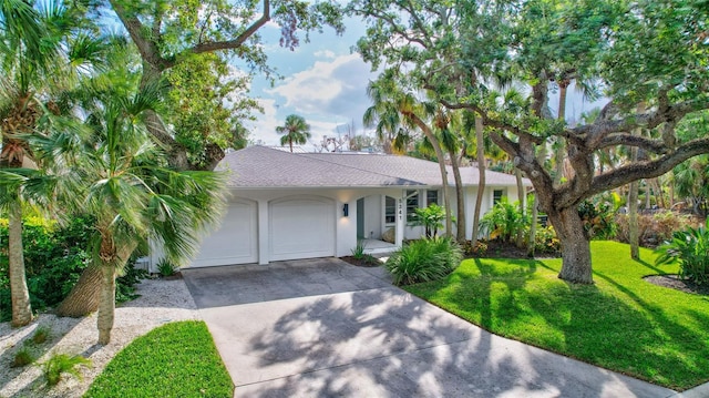 view of front facade with a front yard and a garage