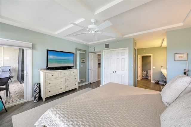 bedroom featuring coffered ceiling, hardwood / wood-style flooring, a closet, ceiling fan, and beamed ceiling