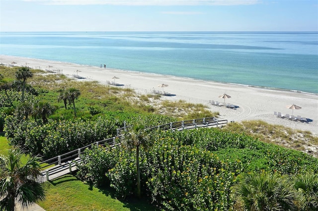 view of water feature with a beach view