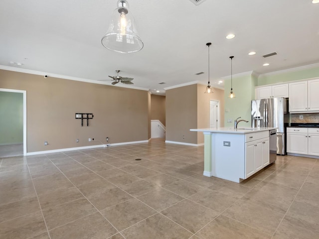 8133 Miramar Way Unit 201, Lakewood Ranch, FL 34202 - kitchen featuring crown molding, stainless steel appliances, open floor plan, recessed lighting, and ceiling fan