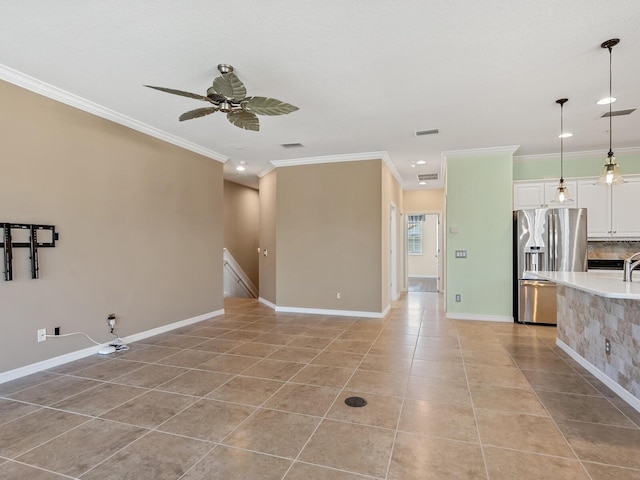 8133 Miramar Way Unit 201, Lakewood Ranch, FL 34202 - unfurnished living room with light tile patterned flooring, crown molding, a ceiling fan, and recessed lighting