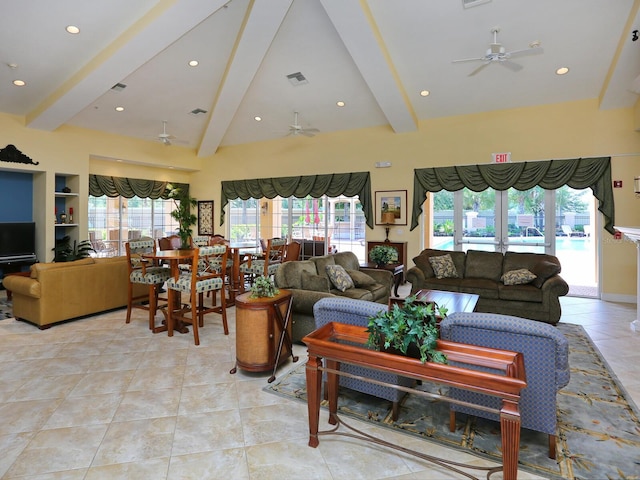 8133 Miramar Way Unit 201, Lakewood Ranch, FL 34202 - living area featuring ceiling fan, beam ceiling, and recessed lighting
