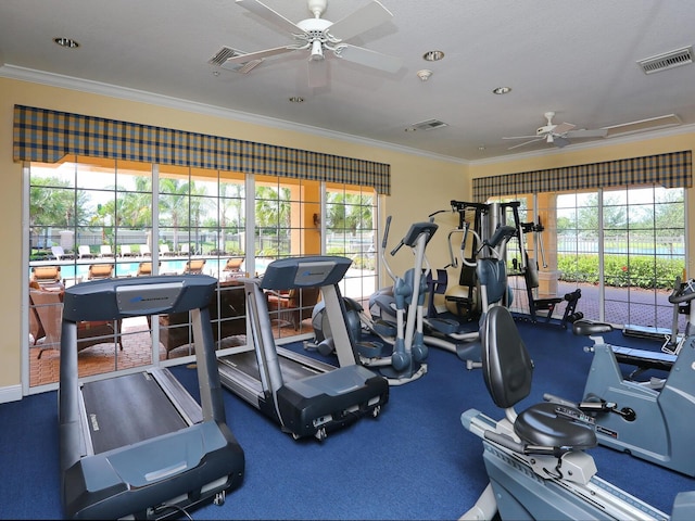 8133 Miramar Way Unit 201, Lakewood Ranch, FL 34202 - exercise room with a ceiling fan, crown molding, and carpet floors