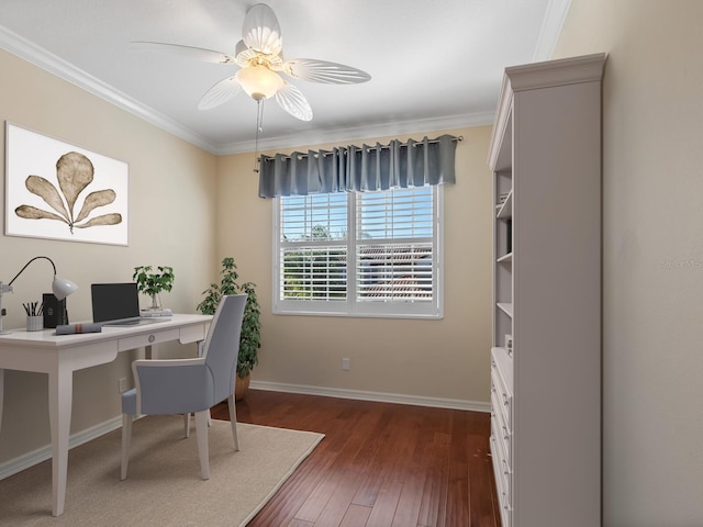 8133 Miramar Way Unit 201, Lakewood Ranch, FL 34202 - office area with crown molding, dark wood-type flooring, and ceiling fan