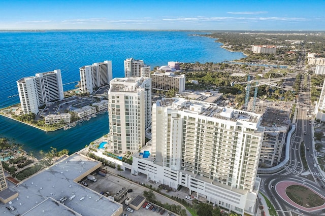 drone / aerial view with a water view