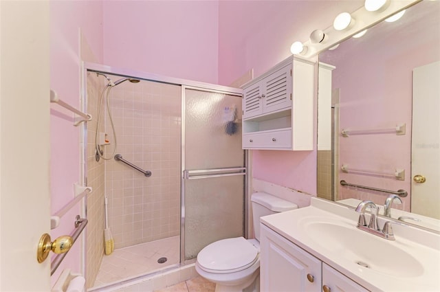 bathroom with tile patterned flooring, vanity, toilet, and walk in shower