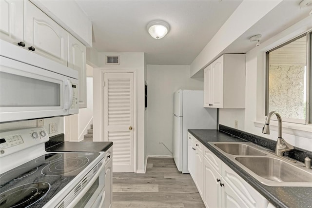 kitchen with white cabinets, light wood-type flooring, range with electric cooktop, and sink