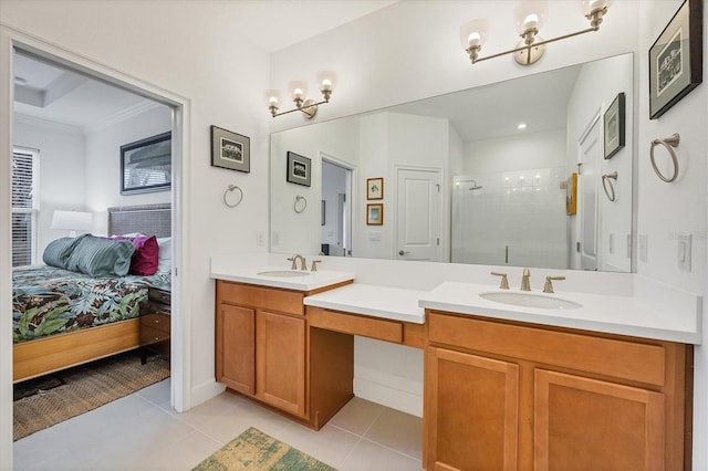 bathroom with tile patterned flooring, a chandelier, an enclosed shower, vanity, and ornamental molding