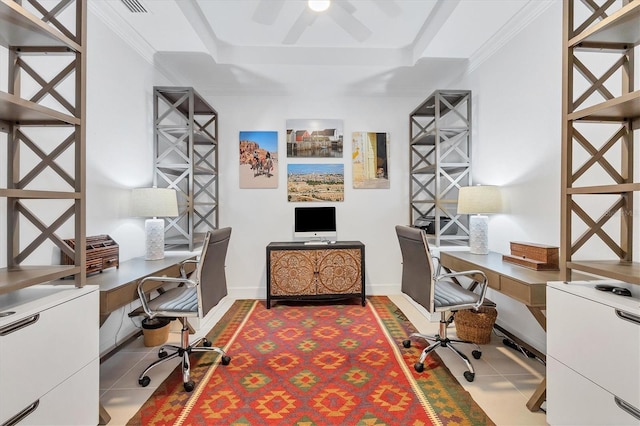 office area with a raised ceiling, tile patterned floors, and ornamental molding