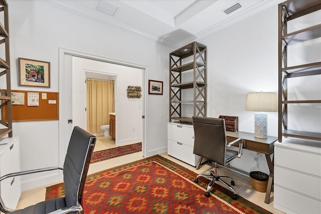 office area with ornamental molding