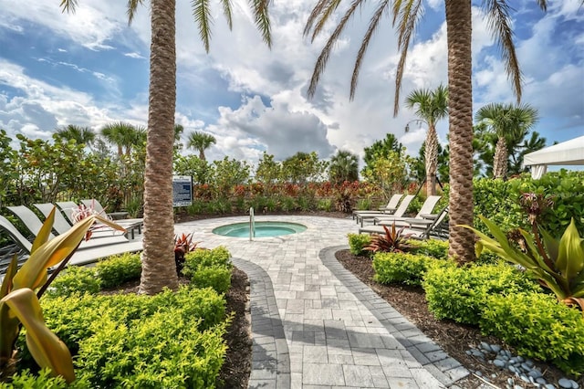 view of swimming pool featuring a hot tub and a patio