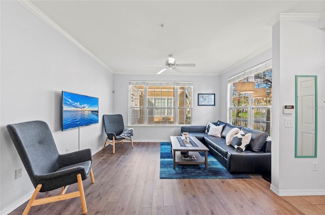 living room with crown molding, ceiling fan, and hardwood / wood-style flooring