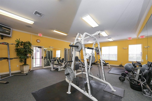 exercise room featuring crown molding