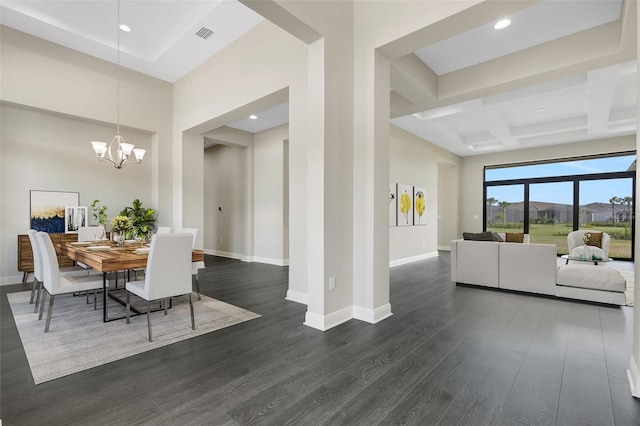 dining space with beamed ceiling, an inviting chandelier, dark wood-type flooring, and coffered ceiling