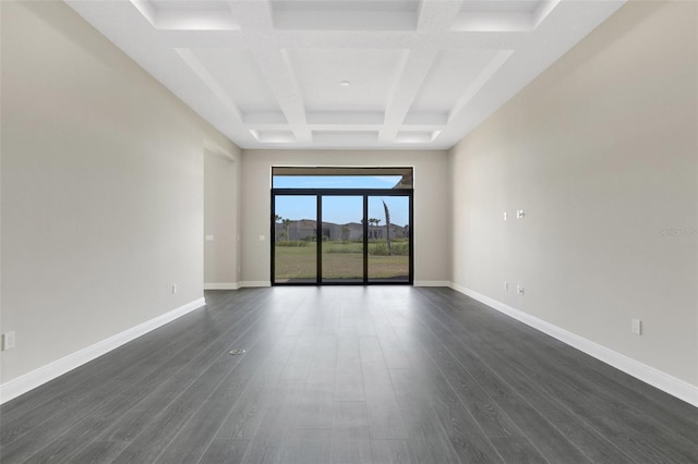 empty room with beamed ceiling, dark wood-type flooring, and coffered ceiling