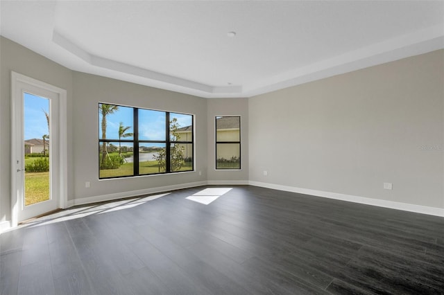 spare room with a tray ceiling, dark wood-type flooring, and a healthy amount of sunlight