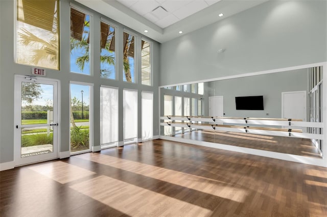 workout room featuring hardwood / wood-style flooring and a high ceiling