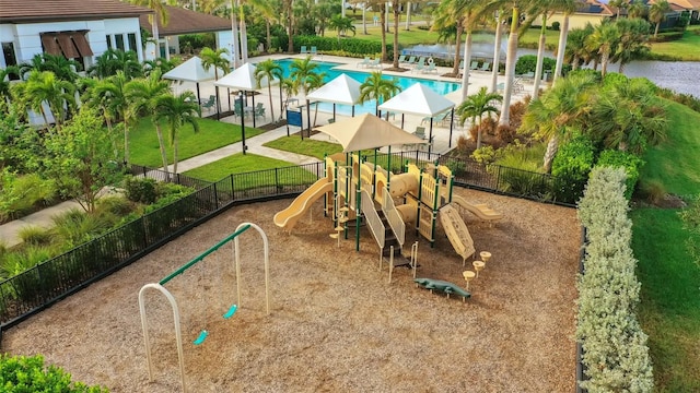 view of play area featuring a lawn