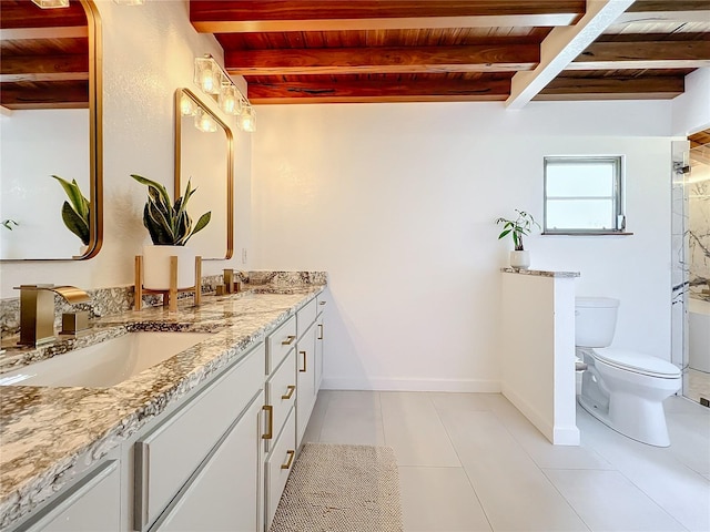 bathroom with tile patterned flooring, beamed ceiling, toilet, vanity, and wood ceiling