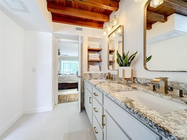 bathroom featuring tile patterned floors, vanity, beamed ceiling, and wooden ceiling