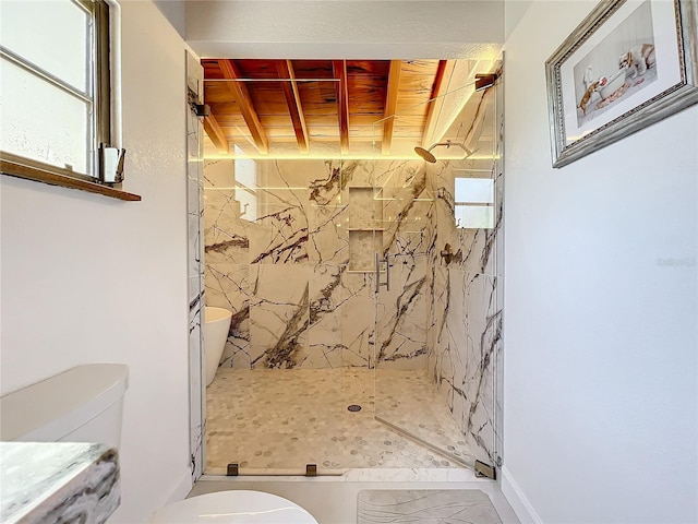 bathroom with a tile shower and toilet