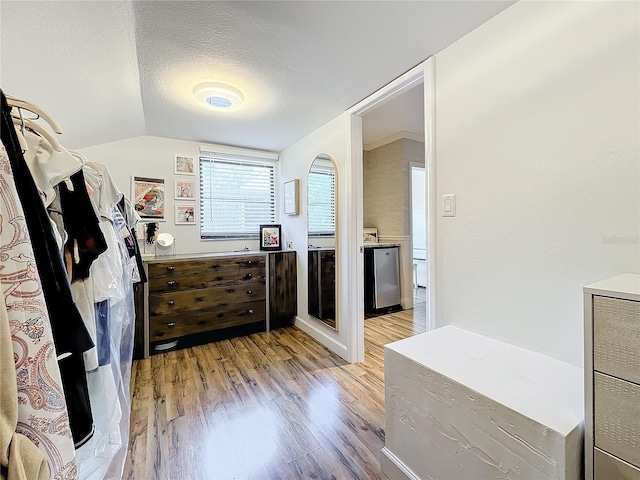 walk in closet with light hardwood / wood-style floors and lofted ceiling