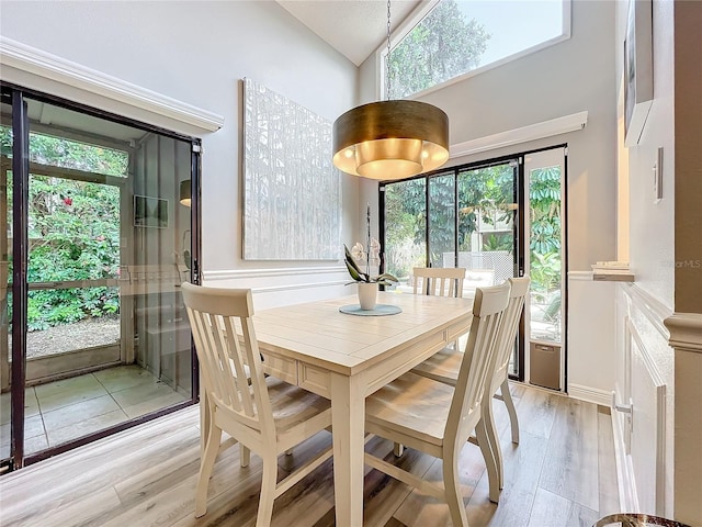 dining space with a wealth of natural light, vaulted ceiling, and light wood-type flooring