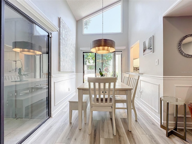 dining room with light hardwood / wood-style flooring and vaulted ceiling