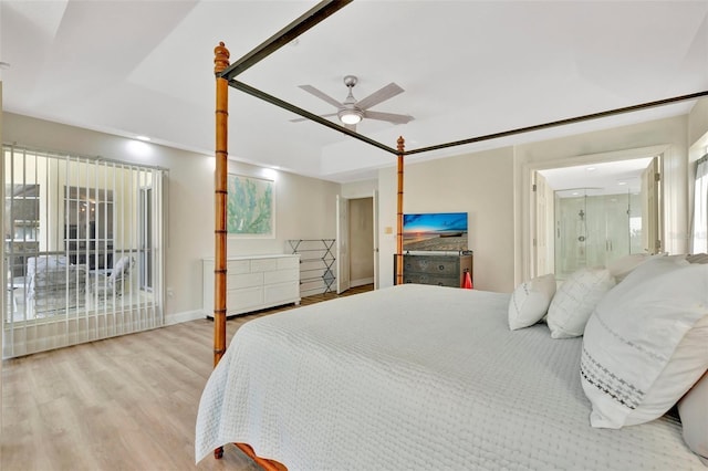 bedroom featuring ceiling fan and light hardwood / wood-style flooring